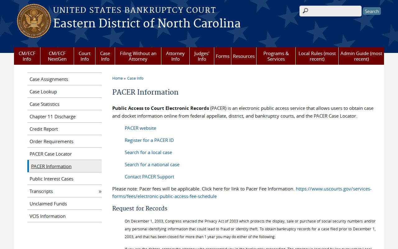 Pamlico County court record search federal bankruptcy PACER information