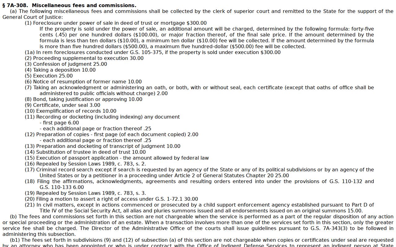 Pamlico County court record search North Carolina clerk fee statute