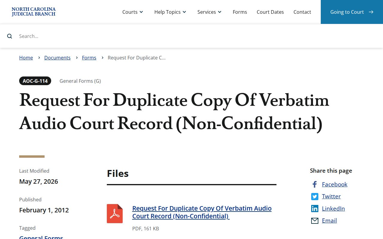 Pamlico County court record search AOC-G-114 audio request form