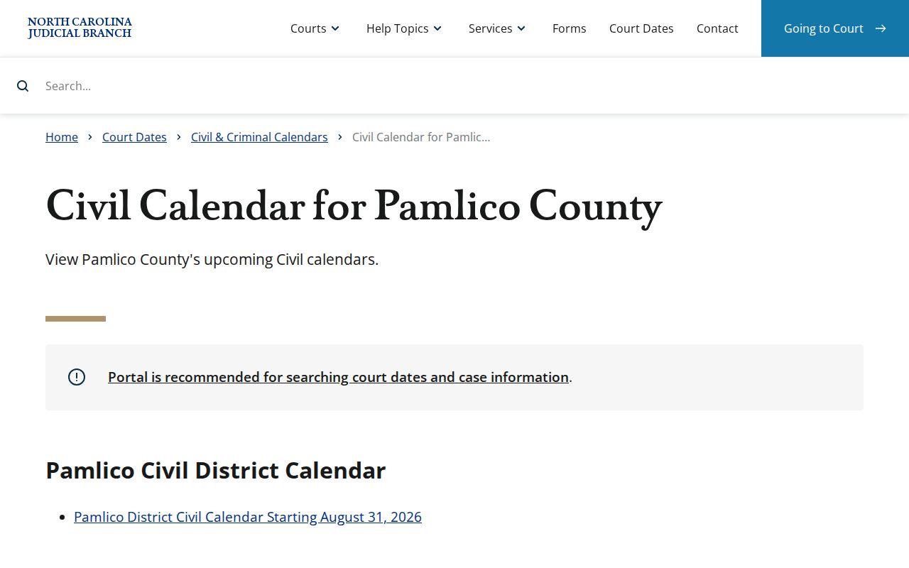 Pamlico County court record search civil calendar service
