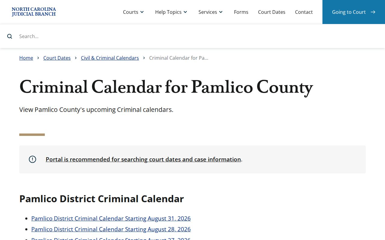 Pamlico County court record search criminal calendar service