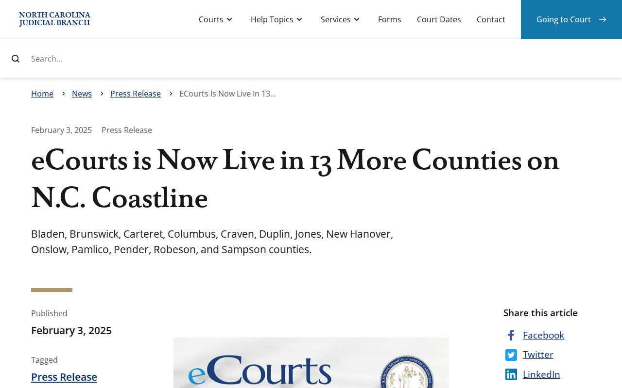 Pamlico County court record search eCourts go-live announcement